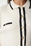 ژاکت کش باف پشمی با طرح راه راه کرم زنانه YY00160-thumb