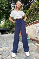 شلوار آبی سرمه ای زنانه فاق بلند شلوار دو جیب چین دار Velcro Closure Palazzo ALC-X10753-thumb