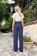 شلوار آبی سرمه ای زنانه فاق بلند شلوار دو جیب چین دار Velcro Closure Palazzo ALC-X10753-thumb