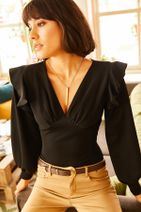 Olalook Kadın Siyah Omuz Detaylı V Yaka Slim Fit Bluz BLZ-19001079 - 1