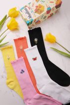 Mudiso 5'li Renki Çiçek Kelebek Desenli Özel Kutulu Örme Kadın Soket Çorap - 1