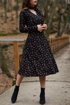 XHAN Kadın Siyah Yakası Bağlamalı Çiçek Desenli Elbise 9YXK6-41728-02 - 1