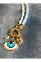 jewelry floom Turkuaz Göz Detaylı Mavi Dairesel ve Beyaz Arpa Kesim Doğal Taş Sedef Kolye - 2