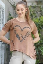 Chiccy Kadın Taba Love Kalp Baskılı Lazer Kesimli Asimetrik Yıkamalı T-Shirt M10010300TS98245 - 1