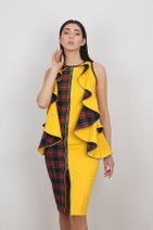 GOKHANYAVAS Kadın Sarı Ekoseli Volan Detaylı Kolaj Elbise - 6