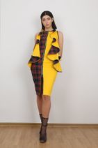 GOKHANYAVAS Kadın Sarı Ekoseli Volan Detaylı Kolaj Elbise - 2
