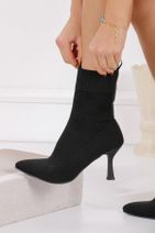 Allyup Günlük Kadın Sivri Burun Çizgili Örgü Triko Bot Ince Topuklu Siyah Çorap Ayakkabı 169 - 1