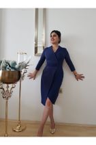 FERGAN Kadın Lacivert Çizgili Kruvaze Tasarım Midi Boy Elbise - 1
