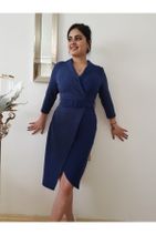 FERGAN Kadın Lacivert Çizgili Kruvaze Tasarım Midi Boy Elbise - 4