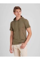 Dufy Haki Erkek Modern Fit Düz Pamuklu Kapüşonlu Tshirt - 65385 - 1