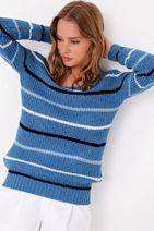 Trend Alaçatı Stili Kadın Mavi Çizgili Triko Kazak ALC-X5063 - 4