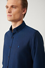 Avva Erkek Lacivert Düğmeli Yaka Kolay Ütülenebilir Oxford Pamuklu Regular Fit Gömlek E002000 - 2