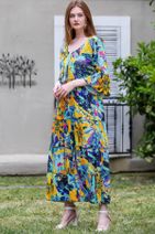 Chiccy Kadın Lacivert Papatya Desenli Bağcık Detaylı Kolları Volanlı Dokuma Salaş Elbise C10160000EL94898 - 3
