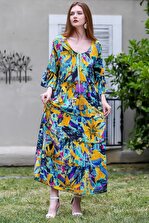 Chiccy Kadın Lacivert Papatya Desenli Bağcık Detaylı Kolları Volanlı Dokuma Salaş Elbise C10160000EL94898 - 1
