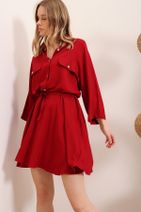 Trend Alaçatı Stili Kadın Tarçın Safari Dokuma Gömlek Elbise ALC-X6196 - 1