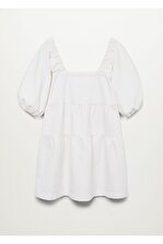 MANGO Woman Kadın Beyaz Balon Kollu Pamuklu Elbise - 3