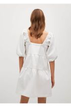 MANGO Woman Kadın Beyaz Balon Kollu Pamuklu Elbise - 4