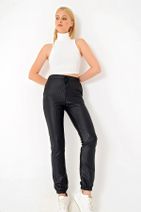 Trend Alaçatı Stili Kadın Siyah Deri Görünümlü Pantolon ALC-X4909 - 2