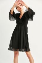 Say Kadın Siyah Yakası Pileli Şifon Elbise - 2