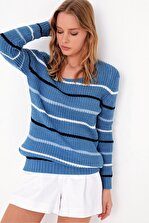 Trend Alaçatı Stili Kadın Mavi Çizgili Triko Kazak ALC-X5063 - 1