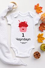 Babydonat Unisex Bebek Beyaz 1 Yaşındayım Pembe Desenli Kısa Kol Body - 1