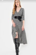 Genel Markalar Kadın Büyük Beden Kazayağı Desen Süet Kumaş Full Likralı Kemer Dahil Elbise Boy 120cm - 2