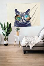 MARKADEKOR Mavi Gözlüklü Kedi Desenli Yıkanabilir Duvar Örtüsü 461 - 1