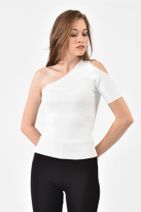 Modkofoni Yarım Kol Ve Omuz Detaylı Beyaz Triko Kadın Bluz - 2