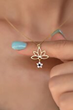 Papatya Silver 925 Ayar Gümüş Altın Kaplama Mavi Çiçekli Lotus Çiçeği Kolye - 1