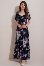 Kadın Modası Kadın Laci Kalp Yaka Büzgülü Yarım Kol Çiçekli Viscon Elbise - 1