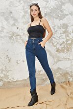 Orjinshop Kadın Mavi Beli Lastikli Yüksek Bel Mom Jeans - 1