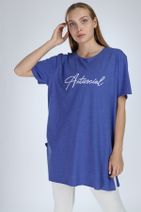 Millionaire Kadın Lacivert Yırtmaçlı Antisocial Nakışlı Oversize T-Shirt - 2