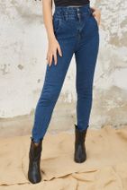 Orjinshop Kadın Mavi Beli Lastikli Yüksek Bel Mom Jeans - 2