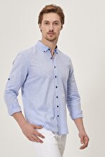 AC&Co / Altınyıldız Classics Erkek Açık Mavi Tailored Slim Fit Dar Kesim Düğmeli Yaka Keten Gömlek - 1