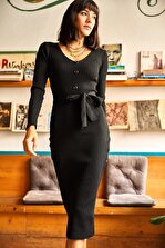 Olalook Kadın Siyah V Yaka Düğme Detaylı Kuşaklı Triko Elbise ELB-19001626 - 4