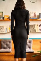 Olalook Kadın Siyah V Yaka Düğme Detaylı Kuşaklı Triko Elbise ELB-19001626 - 6