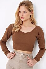 Trend Alaçatı Stili Kadın Karamel Ön Arka V Yaka Crop Bluz ALC-X5270 - 2