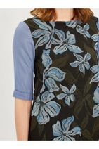 VKM Kadın Mavi Çiçek Desenli Jakarlı Elbise - 4