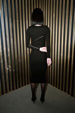 roise Yin Yang Dress - Kadın Siyah Cut Out Düğme Detaylı Tasarım Triko Midi Elbise - 3