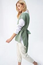 Trend Alaçatı Stili Kadın Çağla Yeşili V Yaka Sırtı Bağlamalı Triko Süveter ALC-X5199 - 2