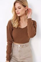 Trend Alaçatı Stili Kadın Karamel Ön Arka V Yaka Crop Bluz ALC-X5270 - 4