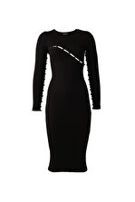 roise Yin Yang Dress - Kadın Siyah Cut Out Düğme Detaylı Tasarım Triko Midi Elbise - 2