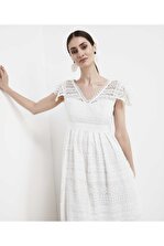 İpekyol Kadın Kırık Beyaz Bel Vurgulu Güpür Elbise - 1
