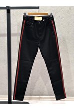 ETC Büyükbeden Büyük Beden Kırmızı Şeritli Yüksek Bel Dar Paça Full Likralı Toparlayıcı Siyah Pantolon - 1