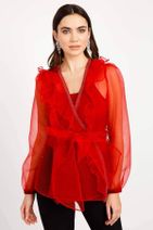 Moda İlgi Kadın Kırmızı Volanlı Şeritli Bluz - 4
