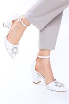 Nizar Deniz Maureen Beyaz Mat Sivri 8cm Kristal Taşlı Kalın Topuklu Kadın Gelin Ayakkabısı - 6