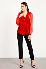 Moda İlgi Kadın Kırmızı Volanlı Şeritli Bluz - 2