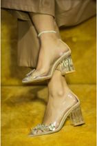 Afilli Ten Taşlı Kalın Şeffaf Topuklu Kadın Stiletto Ayakkabı Abiye Şık Rahat Kalıp - 2
