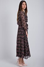 Kadın Modası Kadın Siyah Gül Kruvaze Yaka Çiçekli Şifon Elbise - 3