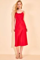 XHAN Kadın Kırmızı Degaje Yaka Saten Elbise 1YZK6-11844-04 - 3